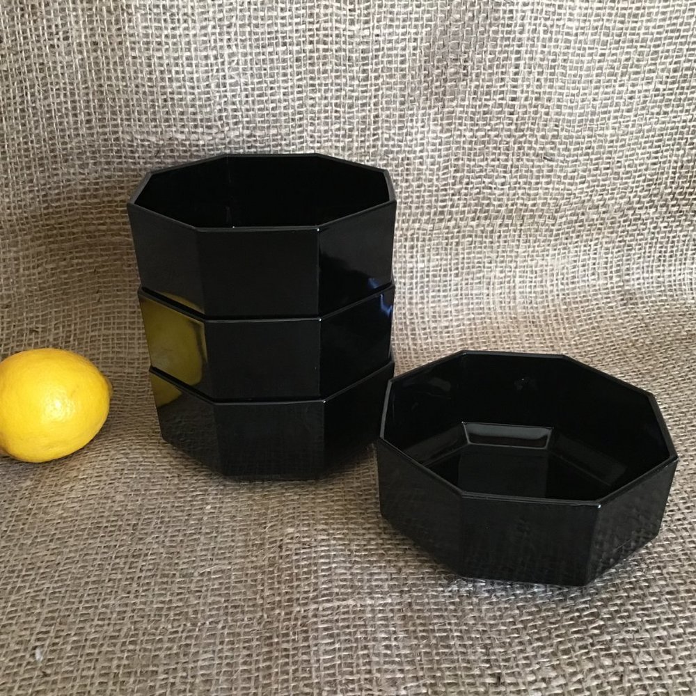 Octime Black Glass Bowls  Octagonal Shape  Set of 4  Vintage